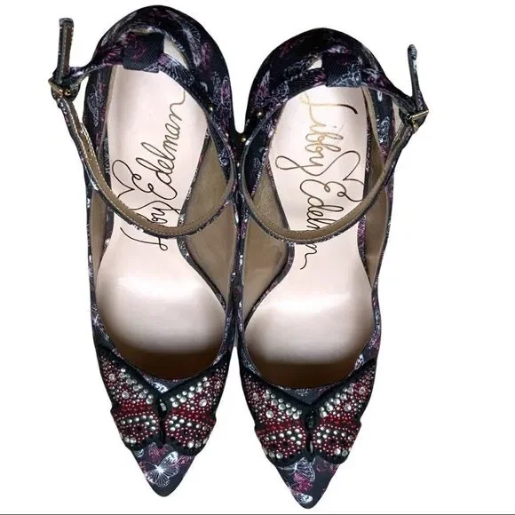 LIBBY EDELMAN Holly Butterfly Rhinestone Black Heel Pumps size 8 - Picture 5 of 14